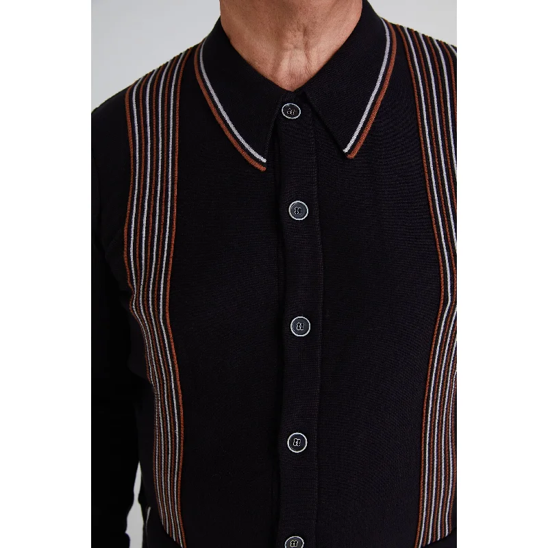 Mr Bridger - 'Augustus' Black & Amber Border Stripe L/S - Polo Knit